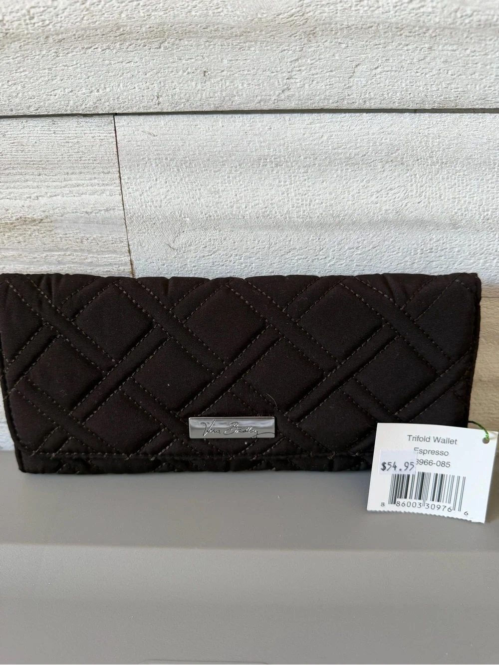 Vera Bradley Espresso Quilted Trifold Wallet with Metal Logo